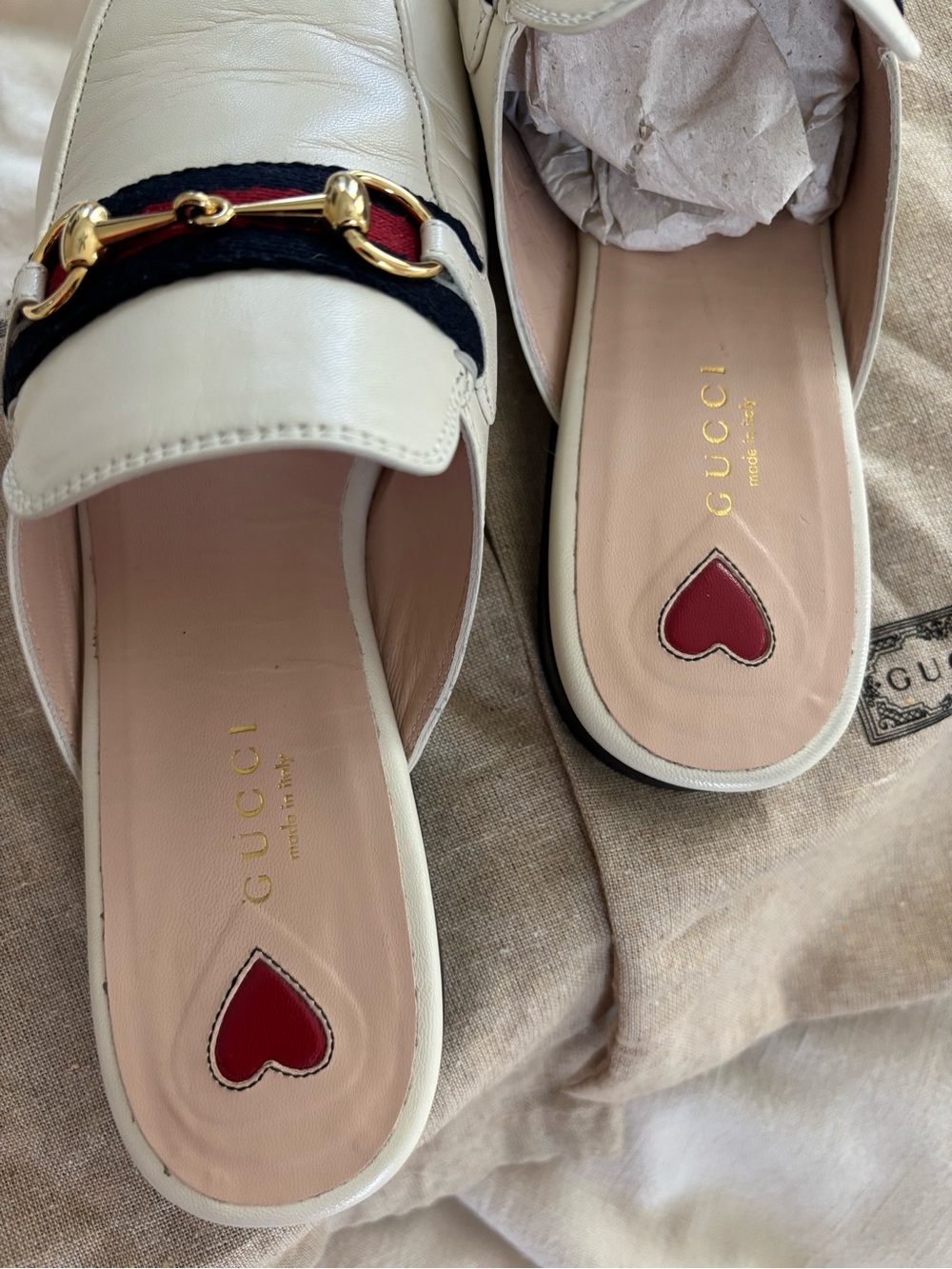 Gucci White Leather Mule Loafers with Red & Navy Web and Gold Horsebit - Picture 5 of 12